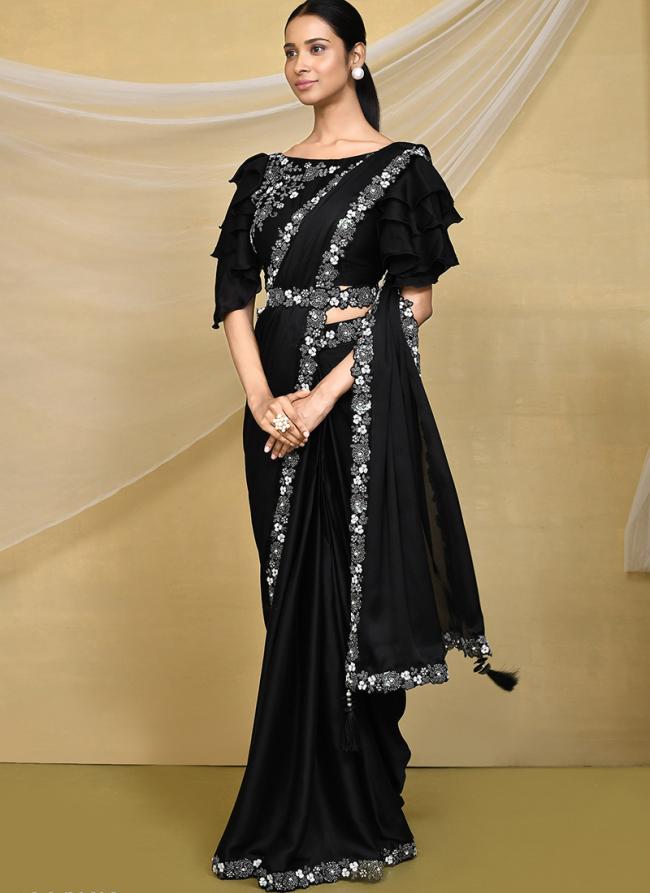 Crepe Silk Black Party Wear Embroidery Work Readymade Saree